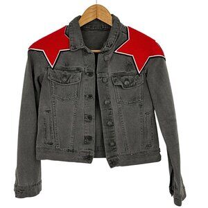 CARMAR Denim Jacket Charcoal Gray Red Shoulder Stars Size S Buttons